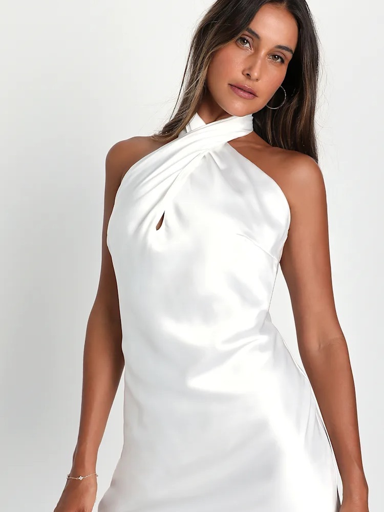 Lulu's White Strapless Satin Halter Dress